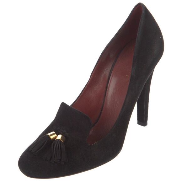Authentic Gucci Black Suede Mischa Tassel Moccasin Heeled Pumps Size 8.5 - Picture 1 of 7